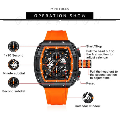 Klocka Felix (sportig herrklocka i tonneau-design med kronograf & orange silikonarmband)