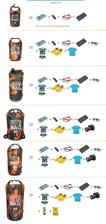 Vattentät drybag 2–30 L – kamouflage väska för paddling & friluftsliv