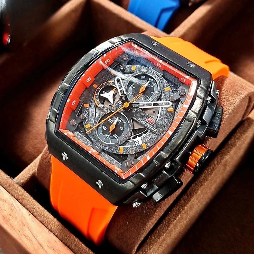 Klocka Felix (sportig herrklocka i tonneau-design med kronograf & orange silikonarmband)