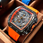 Klocka Felix (sportig herrklocka i tonneau-design med kronograf & orange silikonarmband)