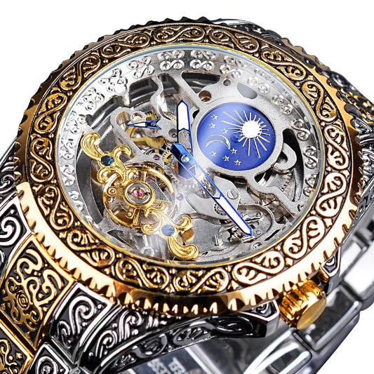 Klocka Henrik (automatisk herrklocka i stål med skelett-urtavla, månfas & tourbillon-design)