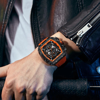 Klocka Felix (sportig herrklocka i tonneau-design med kronograf & orange silikonarmband)