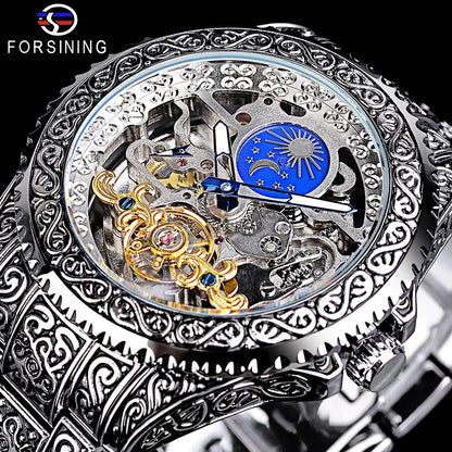 Klocka Henrik (automatisk herrklocka i stål med skelett-urtavla, månfas & tourbillon-design)
