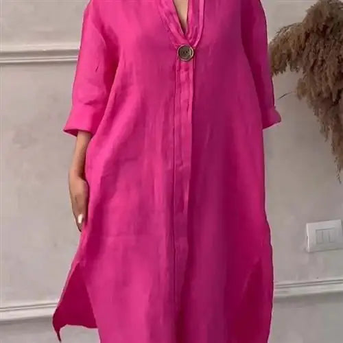 Damklänning i linne – lång skjortklänning med knappar