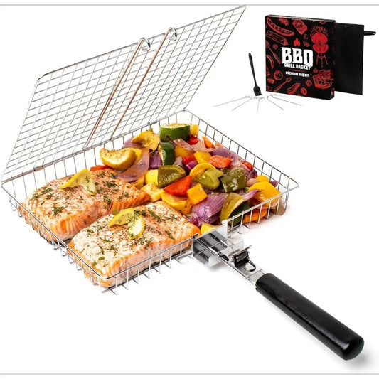 Hopfällbart grillgaller – korg med handtag för fisk, grönsaker & räkor