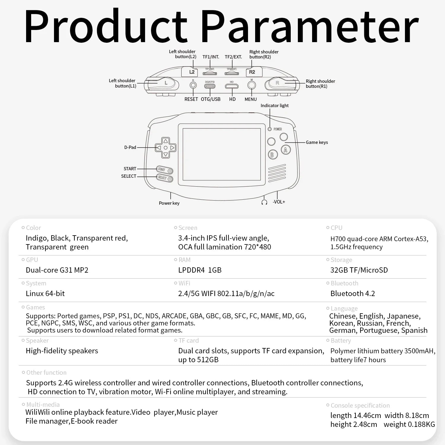 RetroSpel 34XX – bärbar spelkonsol 3,4” IPS med WiFi & Bluetooth