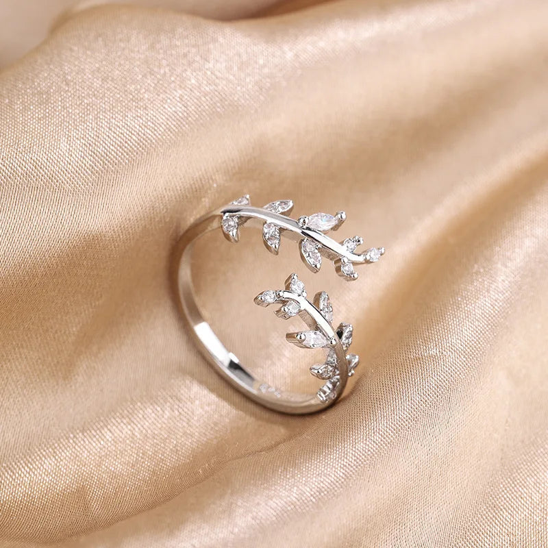 925 silverring dam – justerbar bladformad ring med zirkon