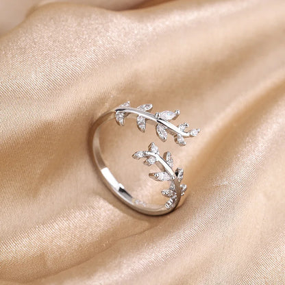 925 silverring dam – justerbar bladformad ring med zirkon