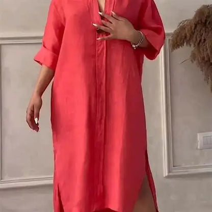 Damklänning i linne – lång skjortklänning med knappar