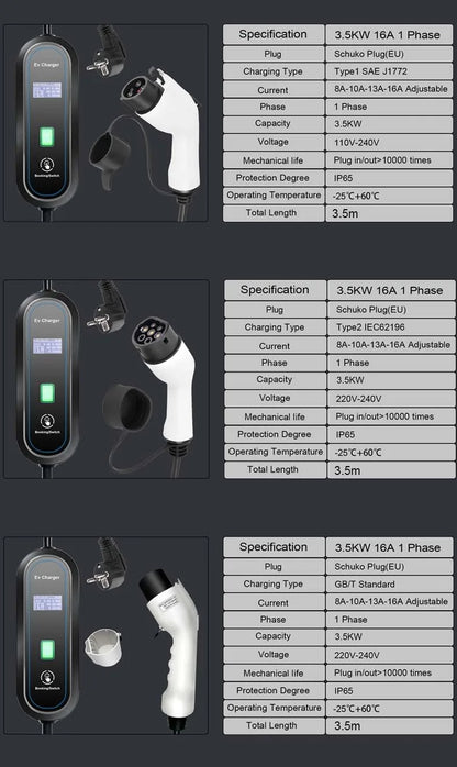 Portabel laddare elbil 3.5kW – EV laddkabel typ 1 & typ 2