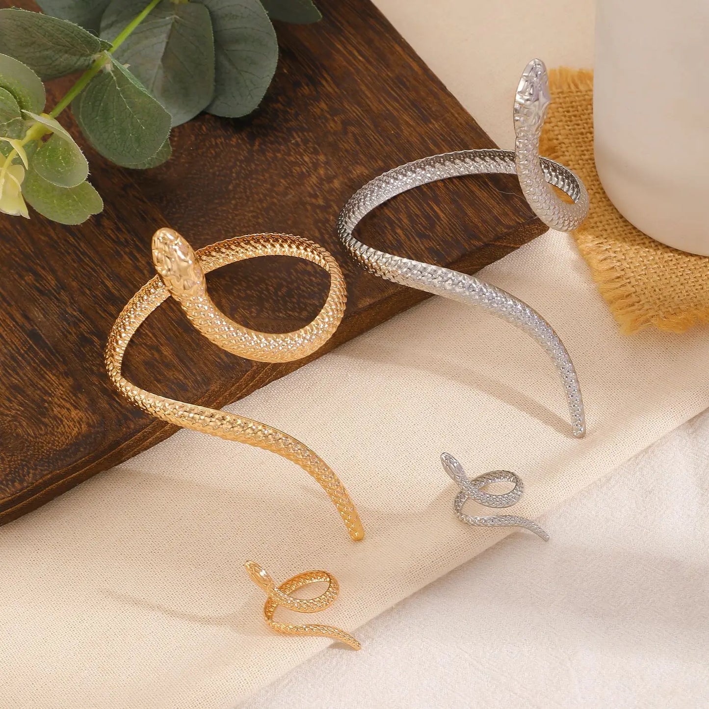 Smyckeset Selma (ormring & cuff-armband i silverfärg – punkstil)