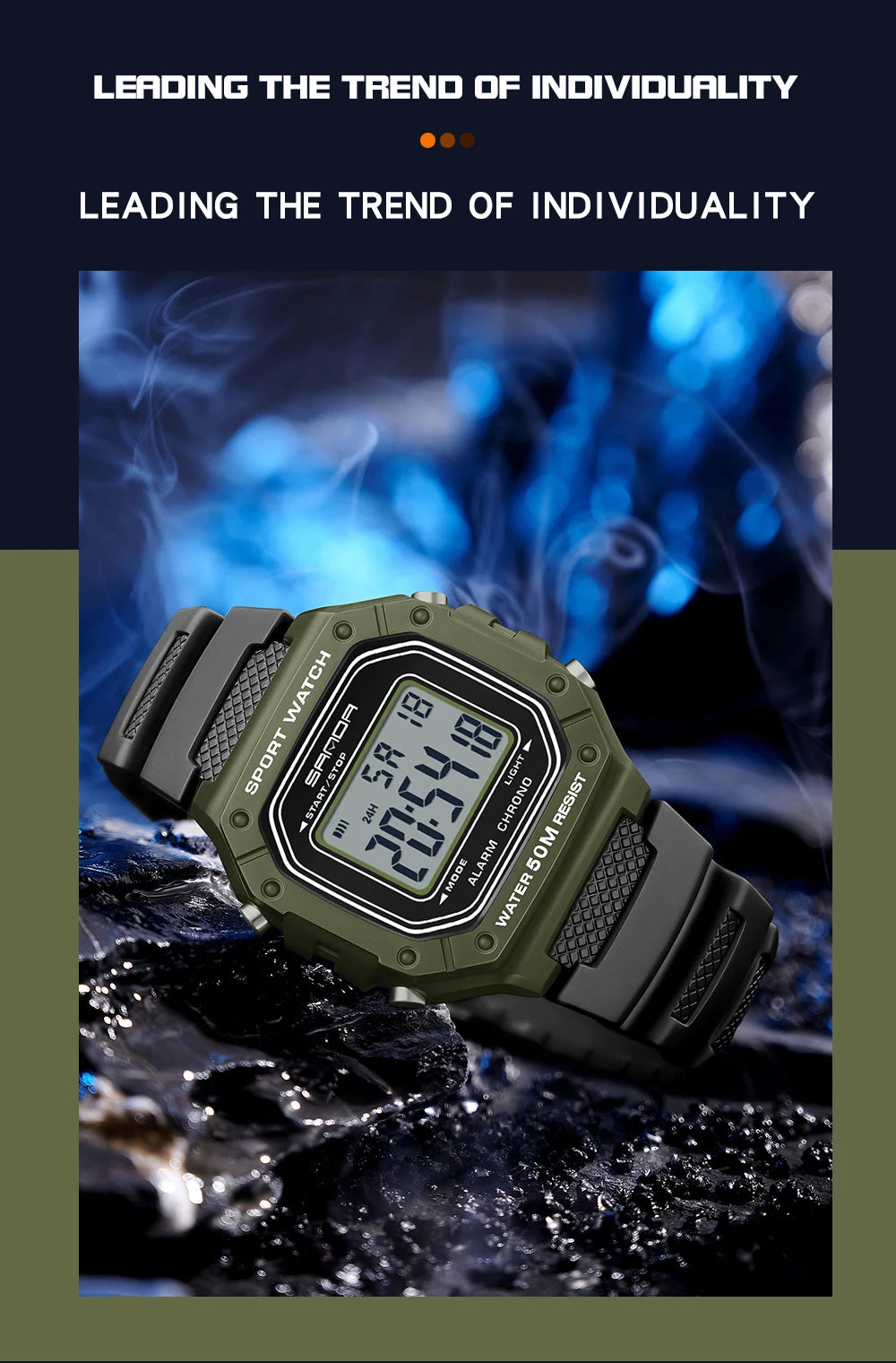 LED sportklocka herr – rektangulär digital display