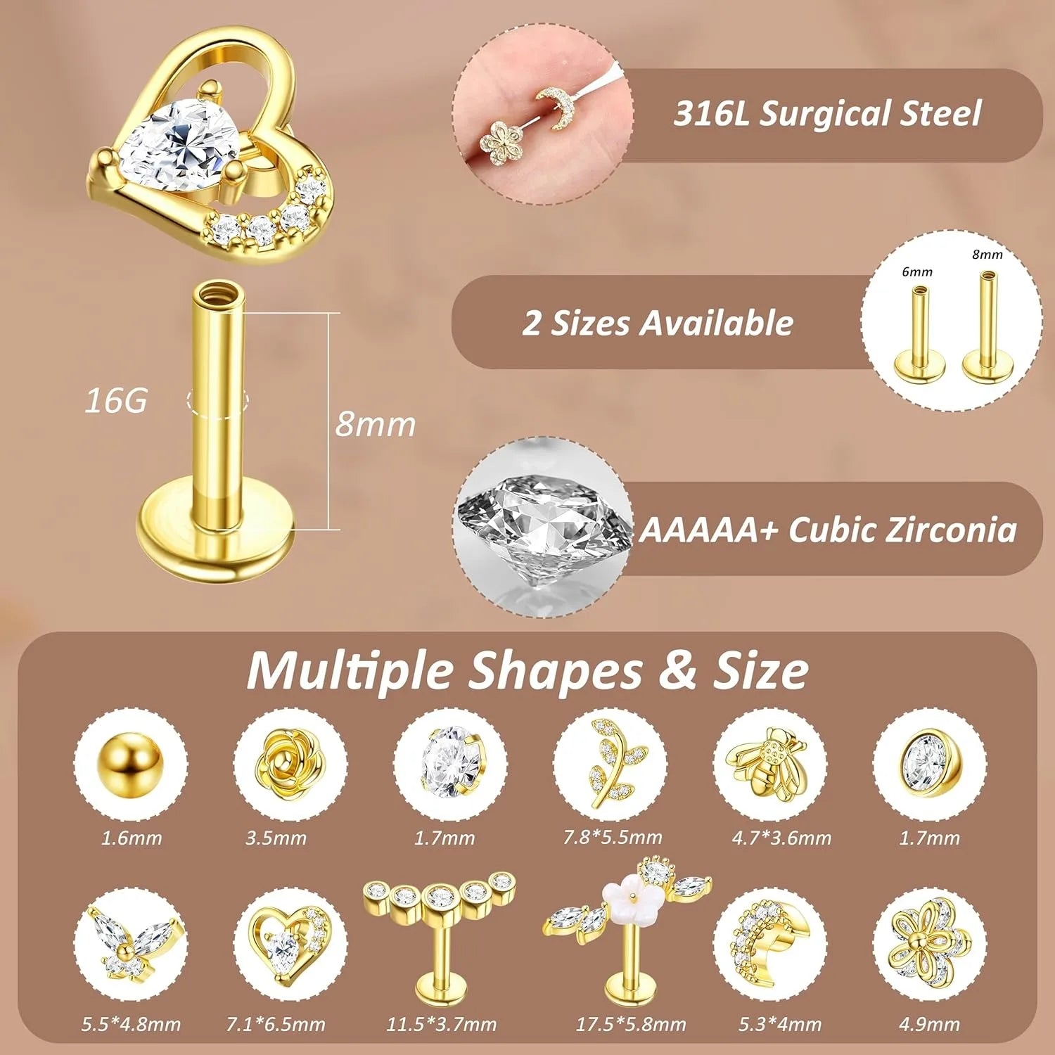 Örhängeset Nora (12-pack örhängen för piercing & brosk – stål & zirkoner)