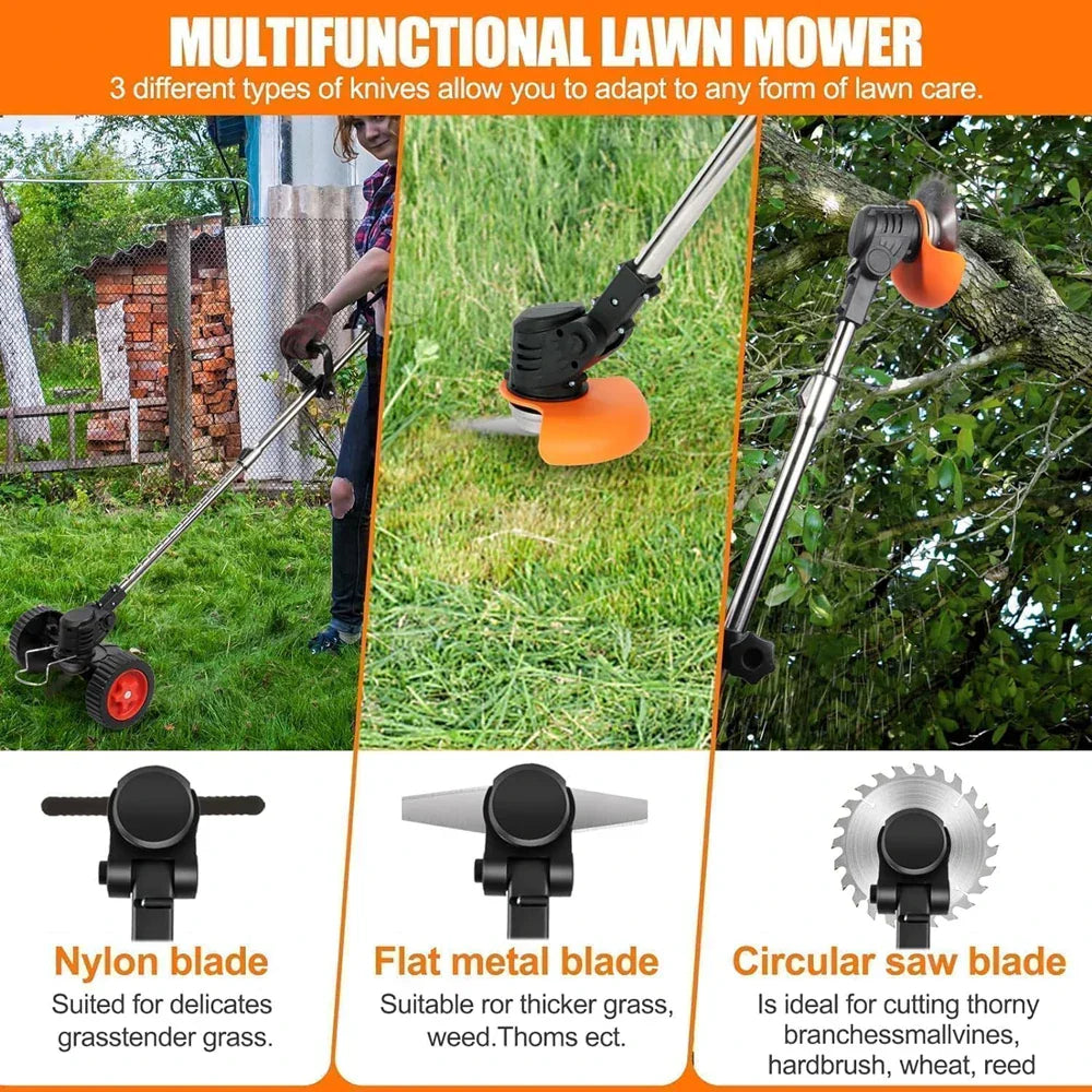 Trådlös & Hopfällbar Grästrimmer 36V – Justerbar Höjd, Hjul & 3 Bladtyper