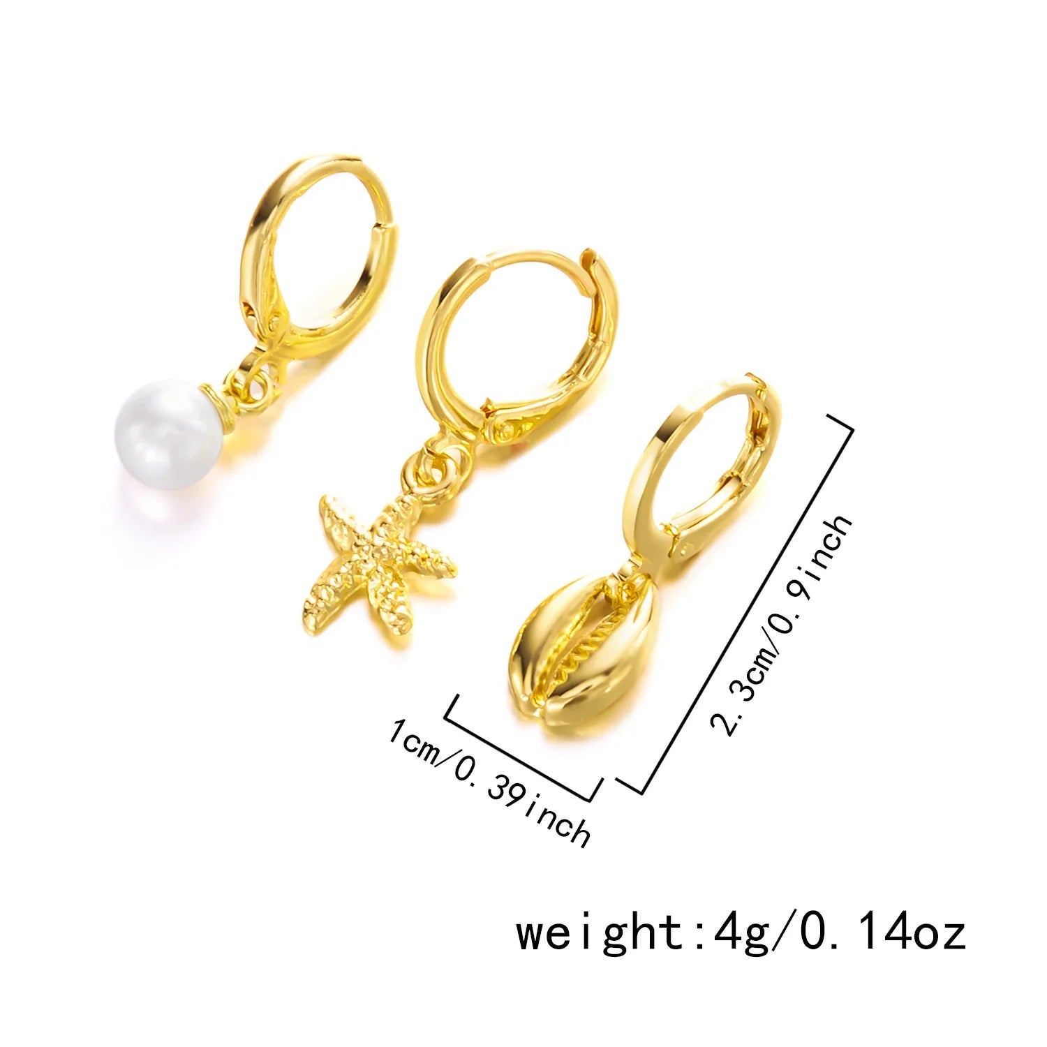 Örhängen Elin (3-pack med snäcka, sjöstjärna & pärlor – boho strandstil)