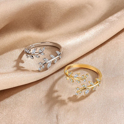 925 silverring dam – justerbar bladformad ring med zirkon