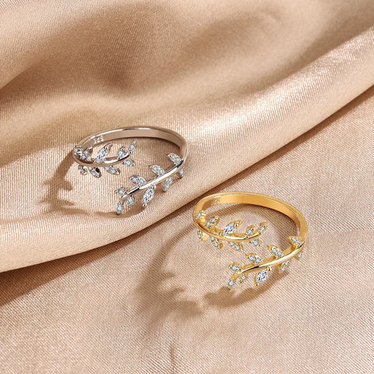 925 silverring dam – justerbar bladformad ring med zirkon