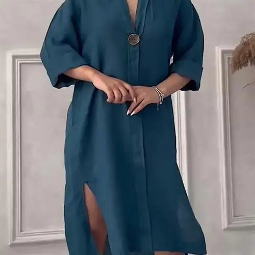 Damklänning i linne – lång skjortklänning med knappar