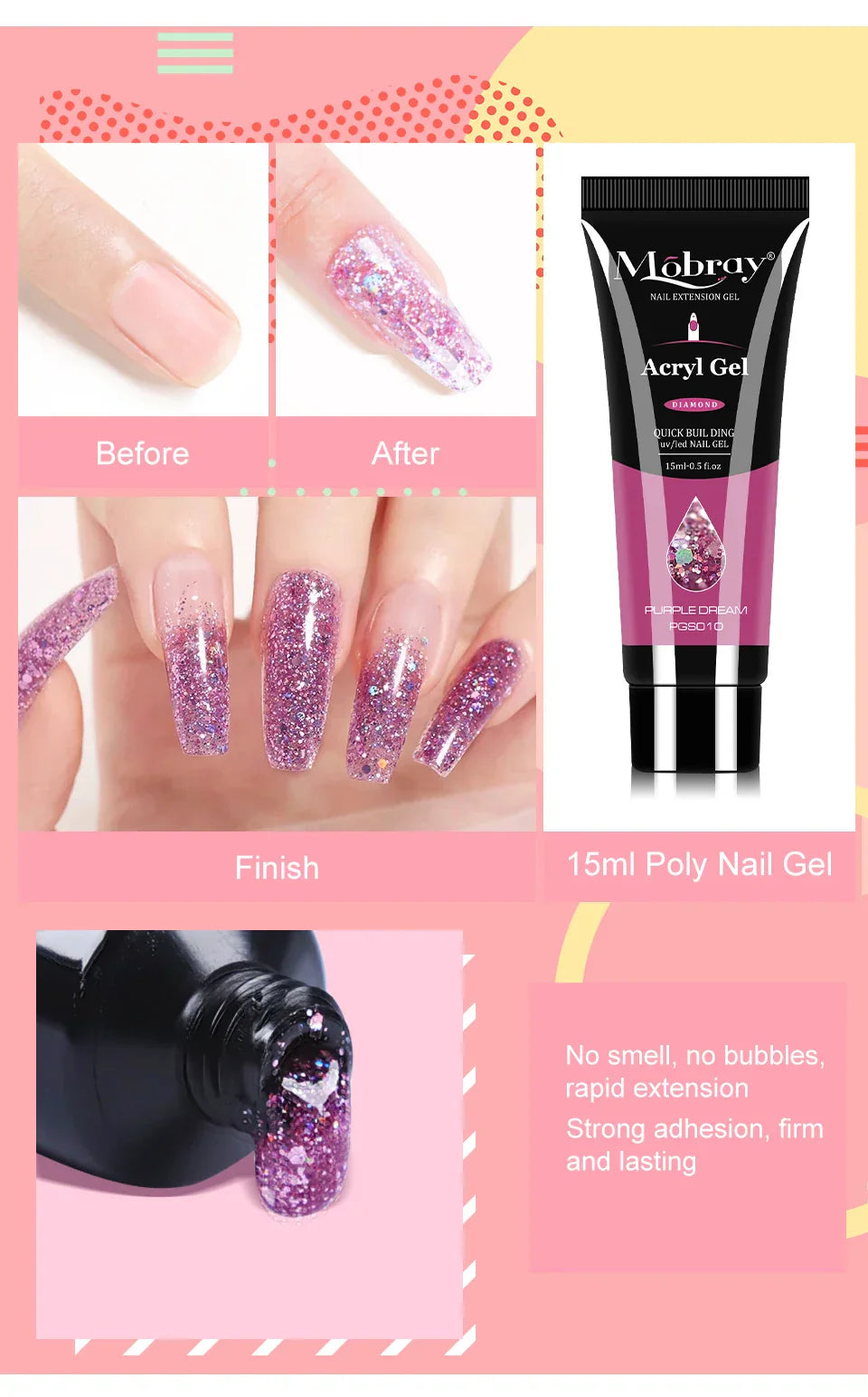 Nagelförlängningskit – Akryl gelpolish med UV/LED lampa, bas- & topplack för manikyr hemma & salong