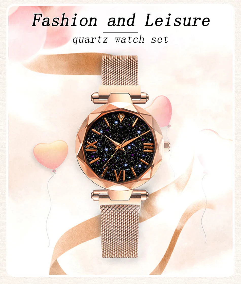 Klocka Stina (stjärnhimmel-design med magnetiskt spänne och meshband)