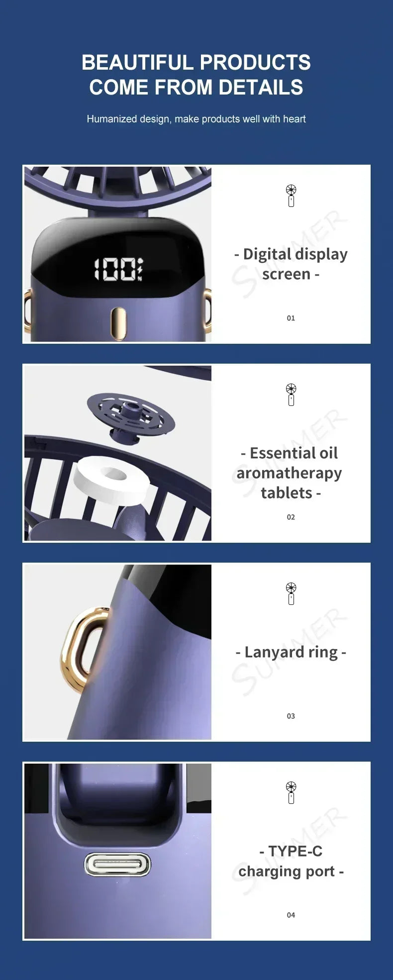 Hopfällbar Mini-Fläkt med Halsrem & Ställ – 3000mAh