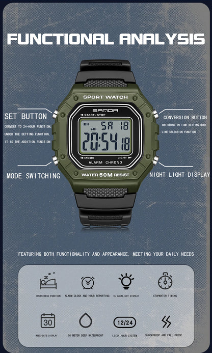 LED sportklocka herr – rektangulär digital display