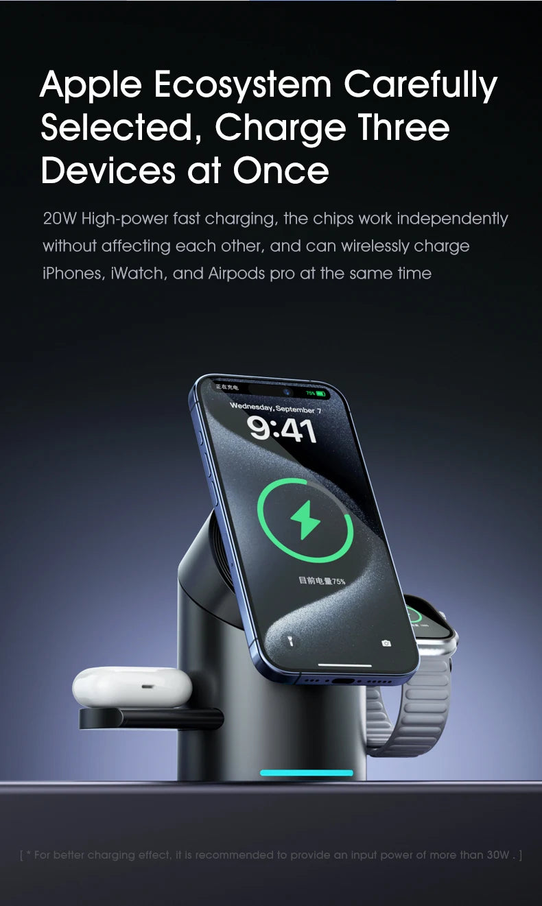 3-i-1 Trådlös Laddstation – Magsafe-Laddare för iPhone, Android, Apple Watch & AirPods