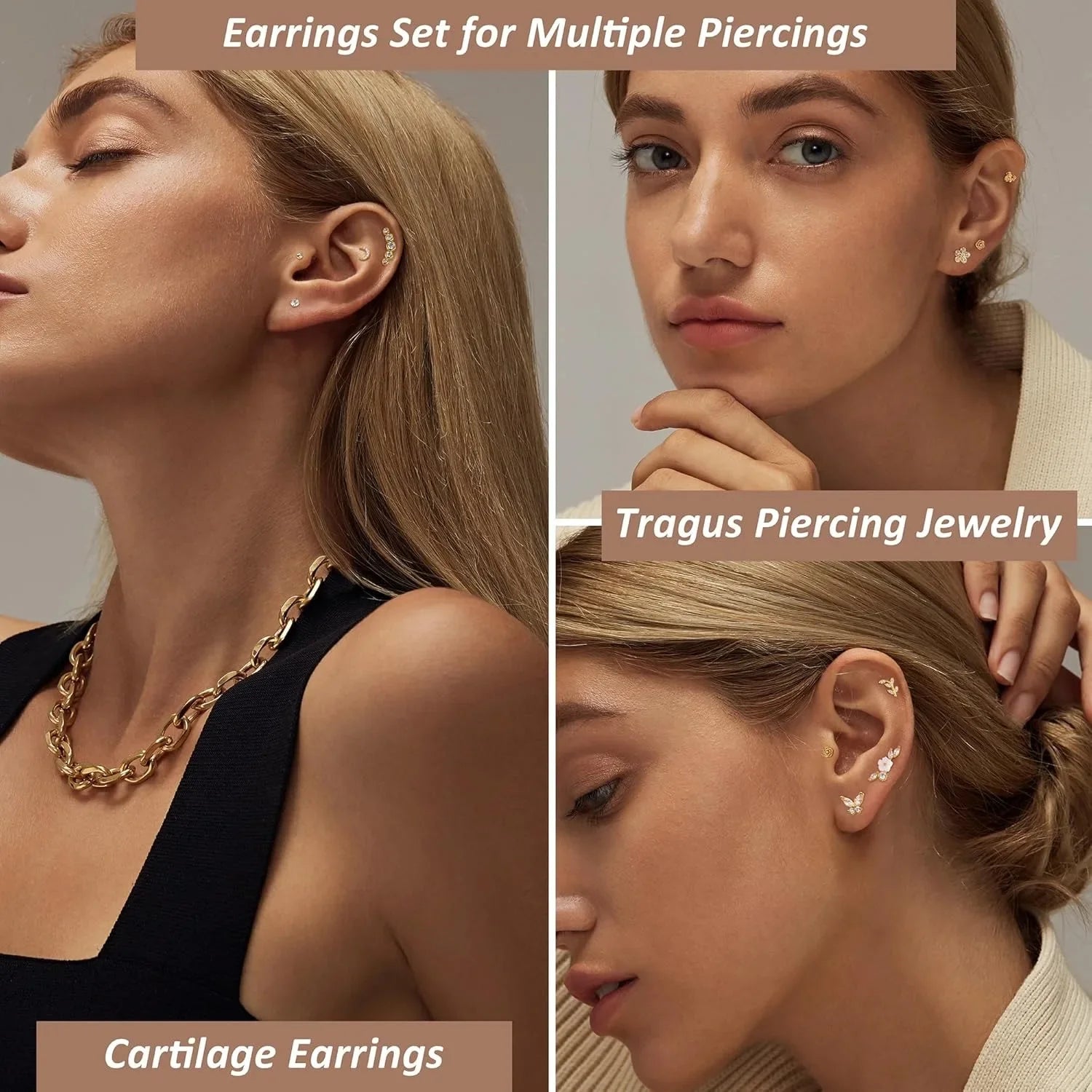 Örhängeset Nora (12-pack örhängen för piercing & brosk – stål & zirkoner)