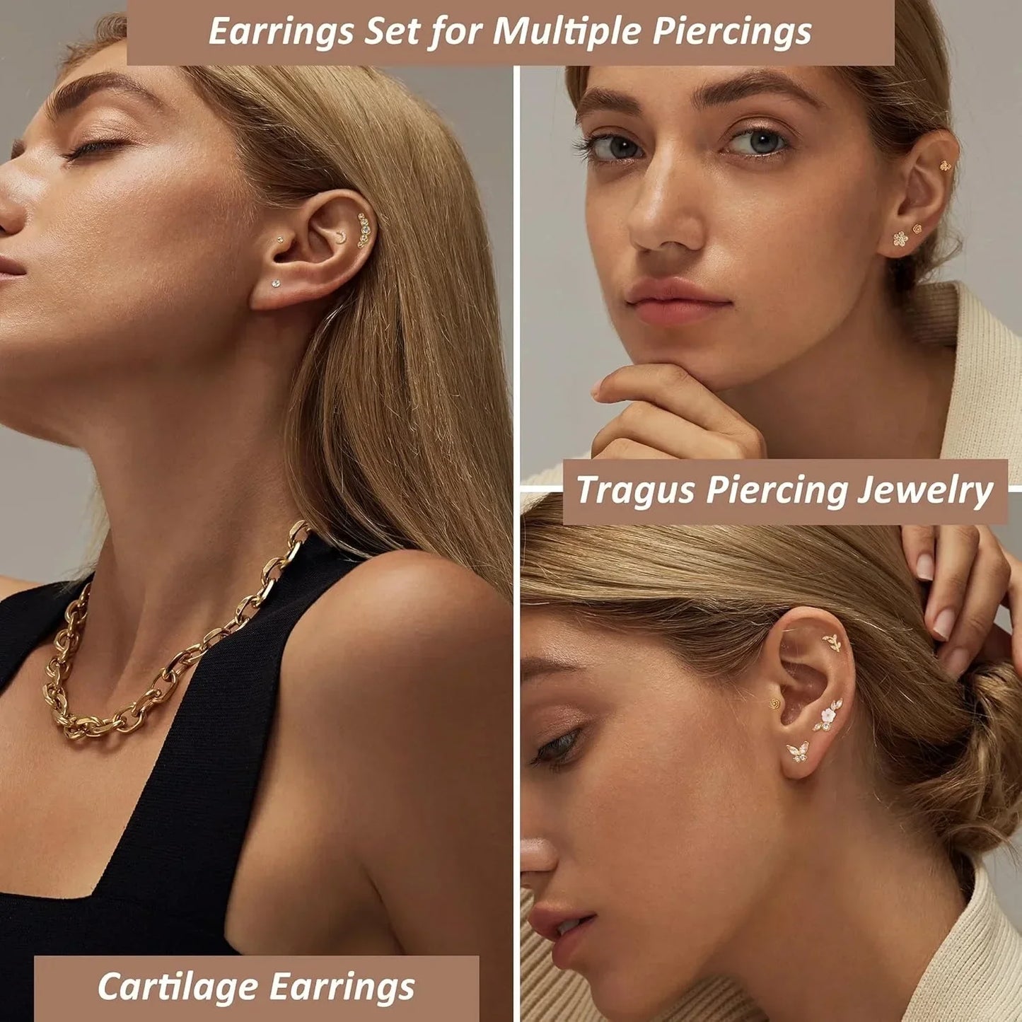 Örhängeset Nora (12-pack örhängen för piercing & brosk – stål & zirkoner)