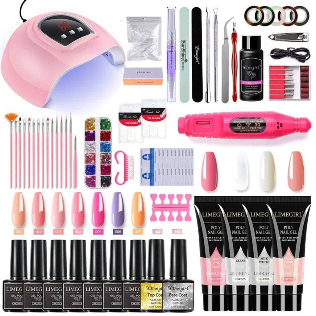 Nagelförlängningskit – Akryl gelpolish med UV/LED lampa, bas- & topplack för manikyr hemma & salong