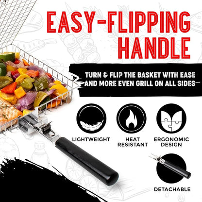 Hopfällbart grillgaller – korg med handtag för fisk, grönsaker & räkor