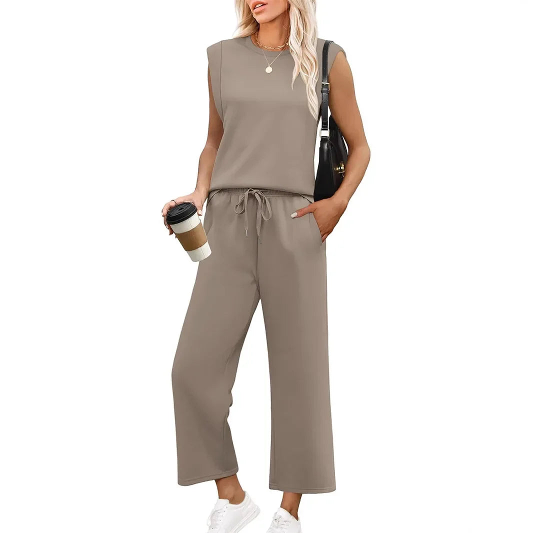 2-delat set dam – ärmlös topp & byxor i polyester