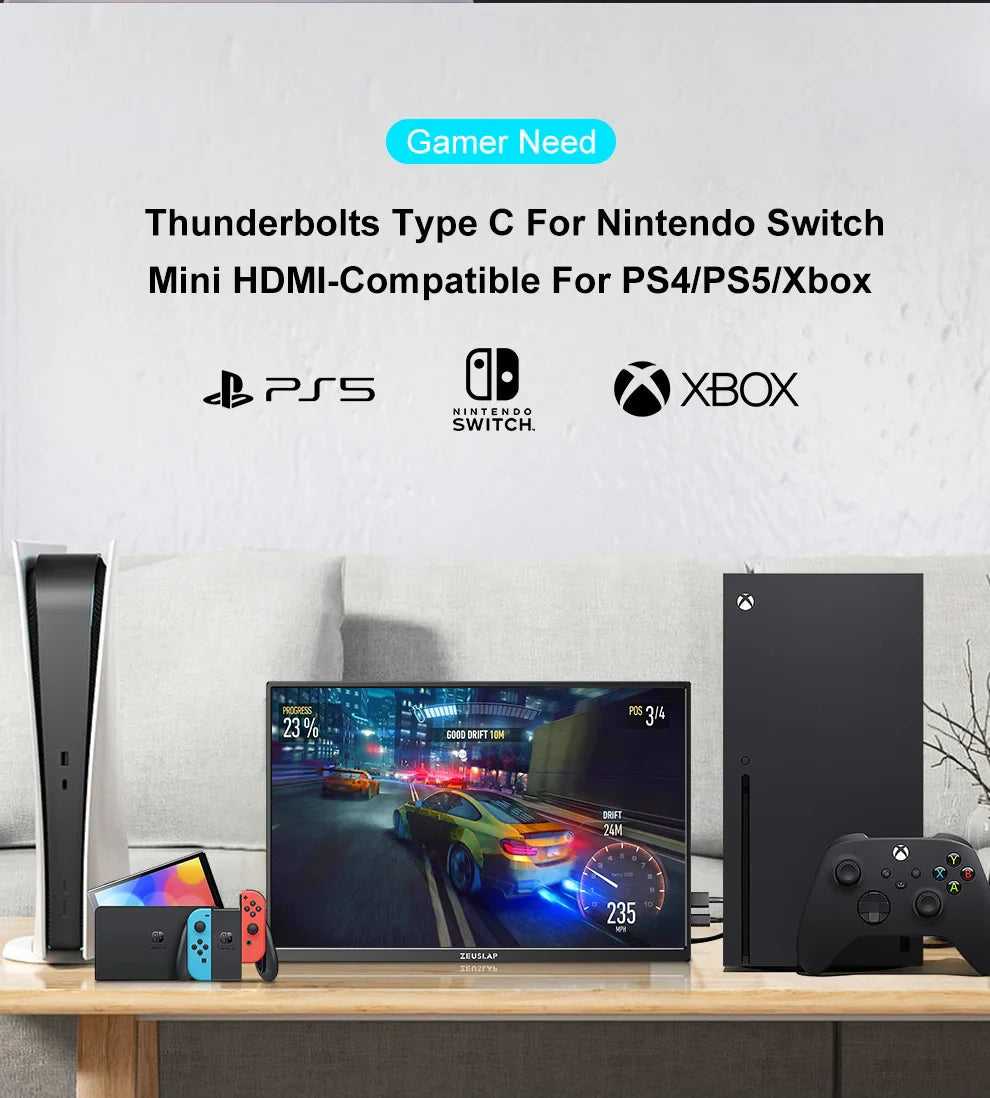 Extern bärbar enkel skärm till dator, spelkonsol, mobil eller laptop