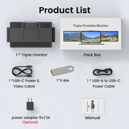 Trippelskärm – portabel LCD-skärm för laptop (1920×1200 IPS, USB-C & USB 3.0)