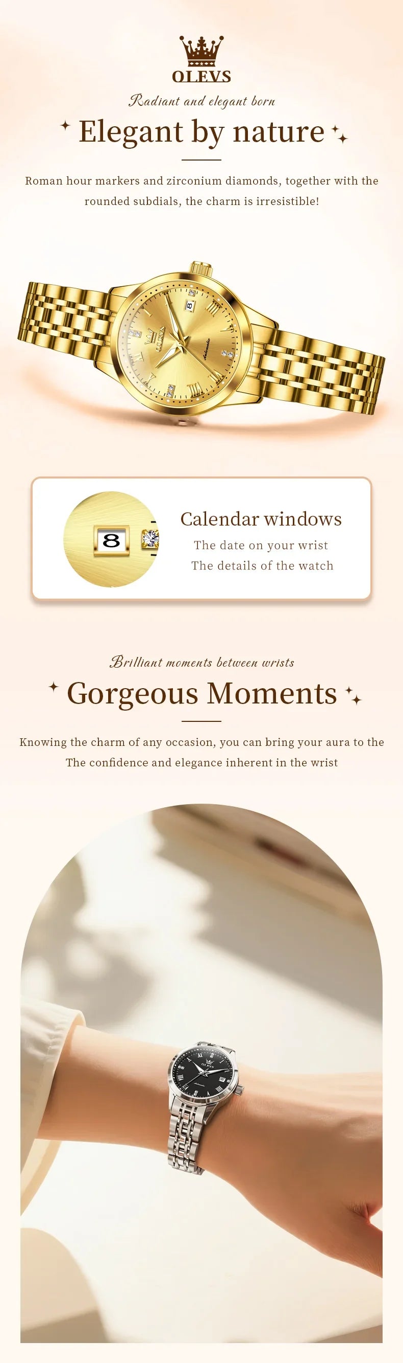 Klocka Helena (automatisk damklocka i rostfritt stål – lyxig design)