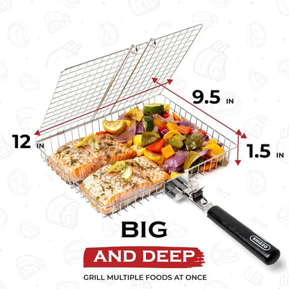 Hopfällbart grillgaller – korg med handtag för fisk, grönsaker & räkor