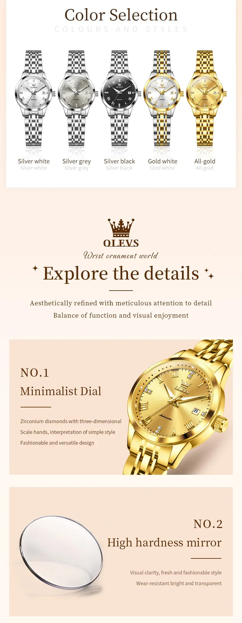 Klocka Helena (automatisk damklocka i rostfritt stål – lyxig design)