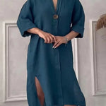 Sommarklänning dam – lång bomull/linneklänning med knappar