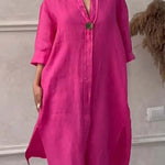 Sommarklänning dam – lång bomull/linneklänning med knappar