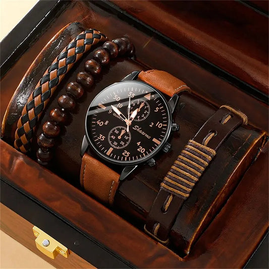 Herrklocka presentset – armbandsur med läderrem