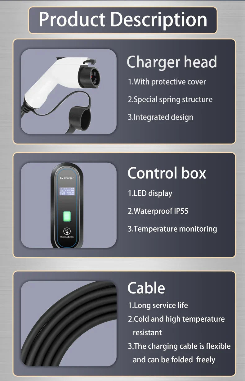 Portabel laddare elbil 3.5kW – EV laddkabel typ 1 & typ 2