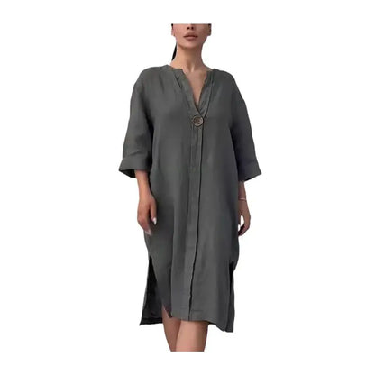 Damklänning i linne – lång skjortklänning med knappar