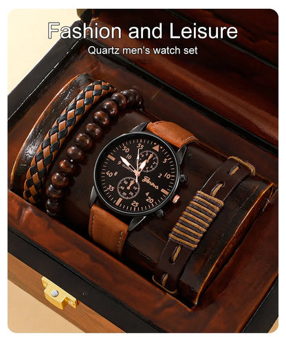 Herrklocka presentset – armbandsur med läderrem