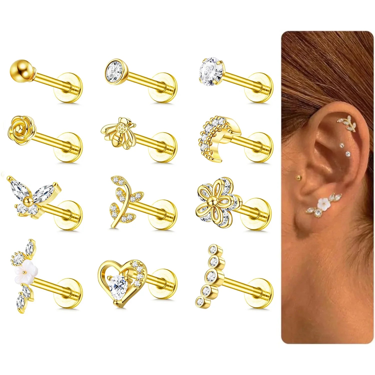 Örhängeset Nora (12-pack örhängen för piercing & brosk – stål & zirkoner)