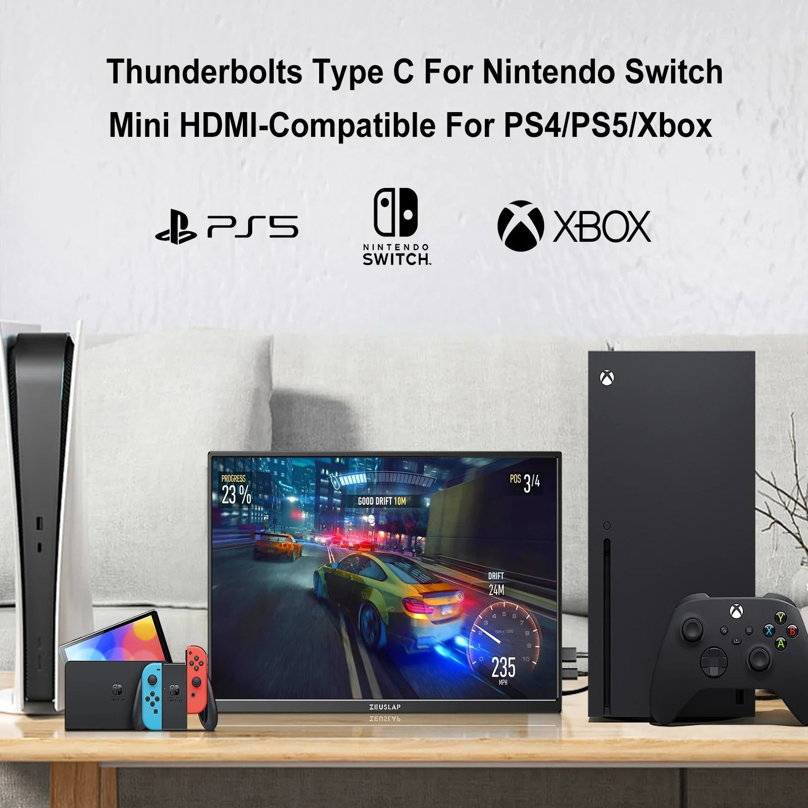 Extern bärbar enkel skärm till dator, spelkonsol, mobil eller laptop