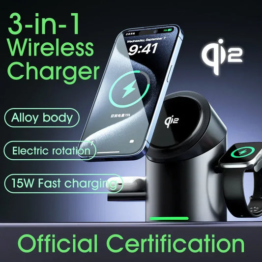 3-i-1 Trådlös Laddstation – Magsafe-Laddare för iPhone, Android, Apple Watch & AirPods