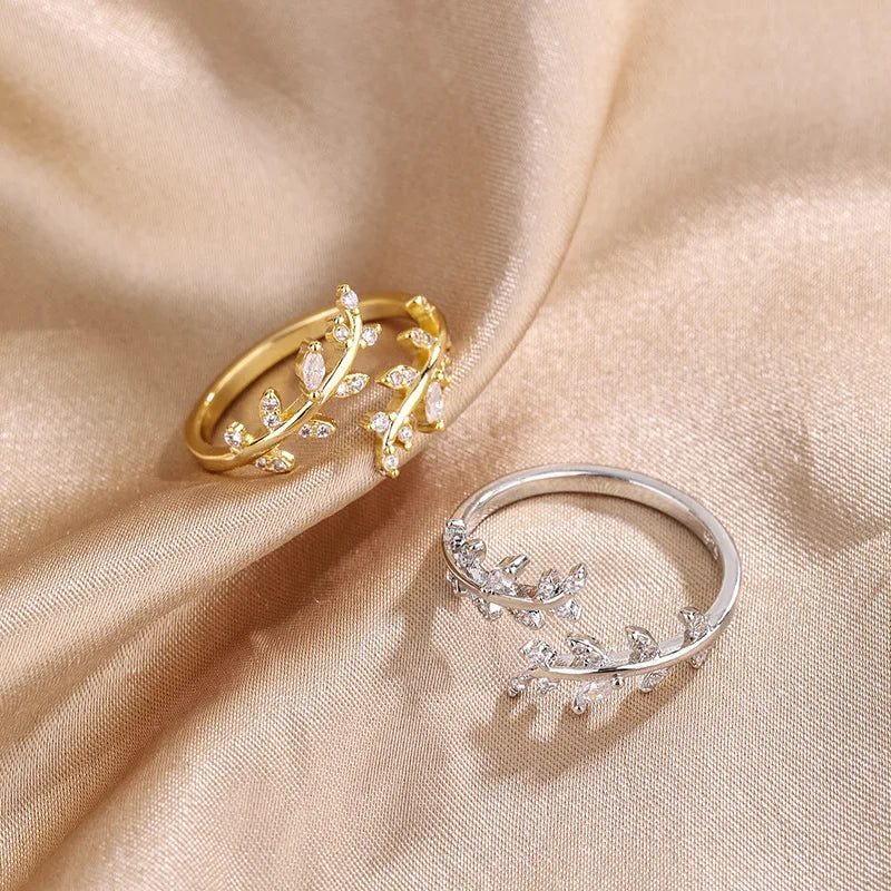 925 silverring dam – justerbar bladformad ring med zirkon