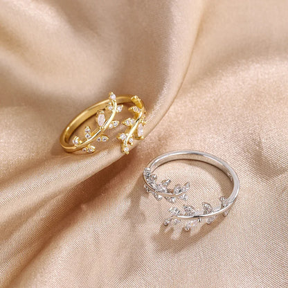 925 silverring dam – justerbar bladformad ring med zirkon
