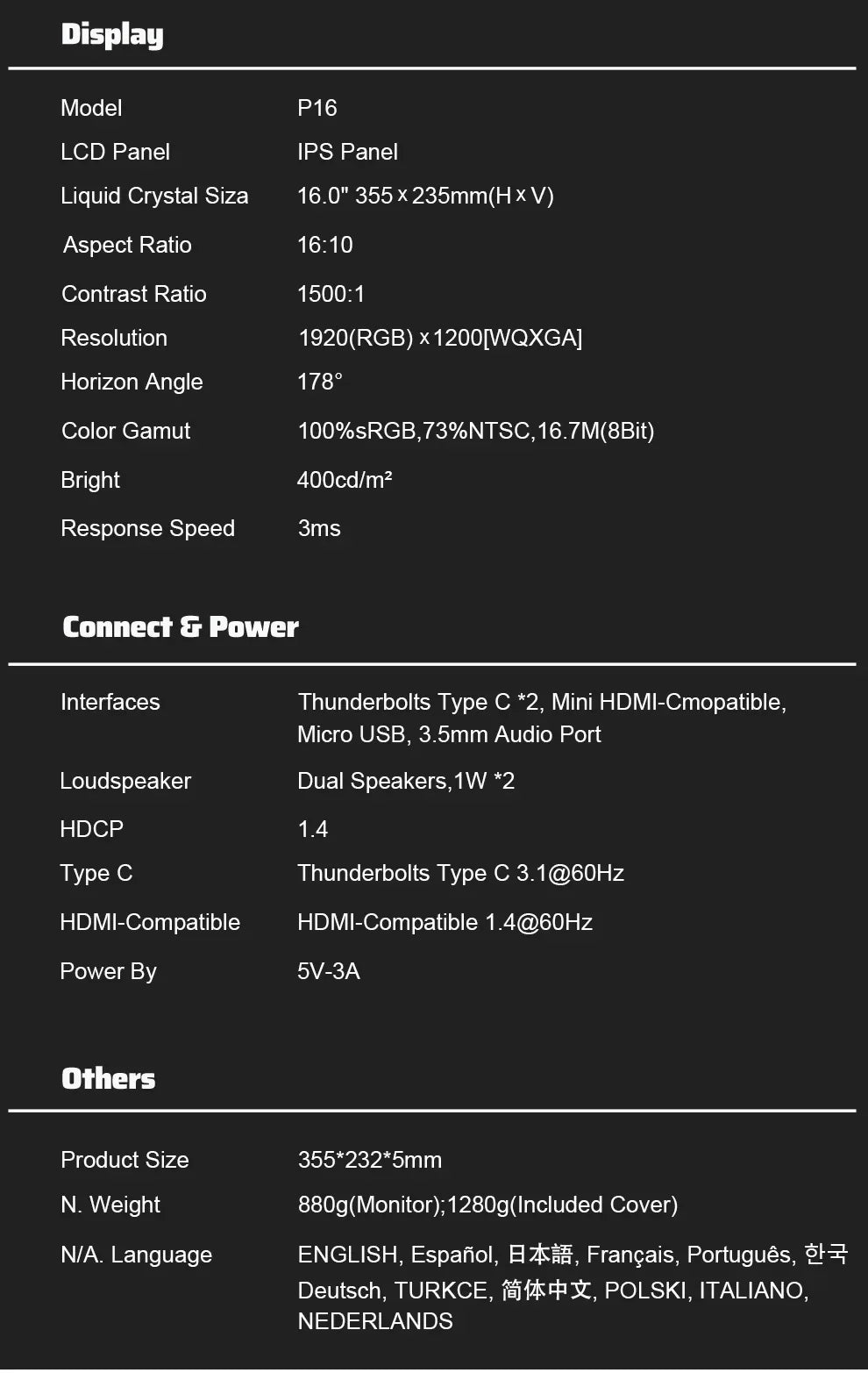 Extern bärbar enkel skärm till dator, spelkonsol, mobil eller laptop