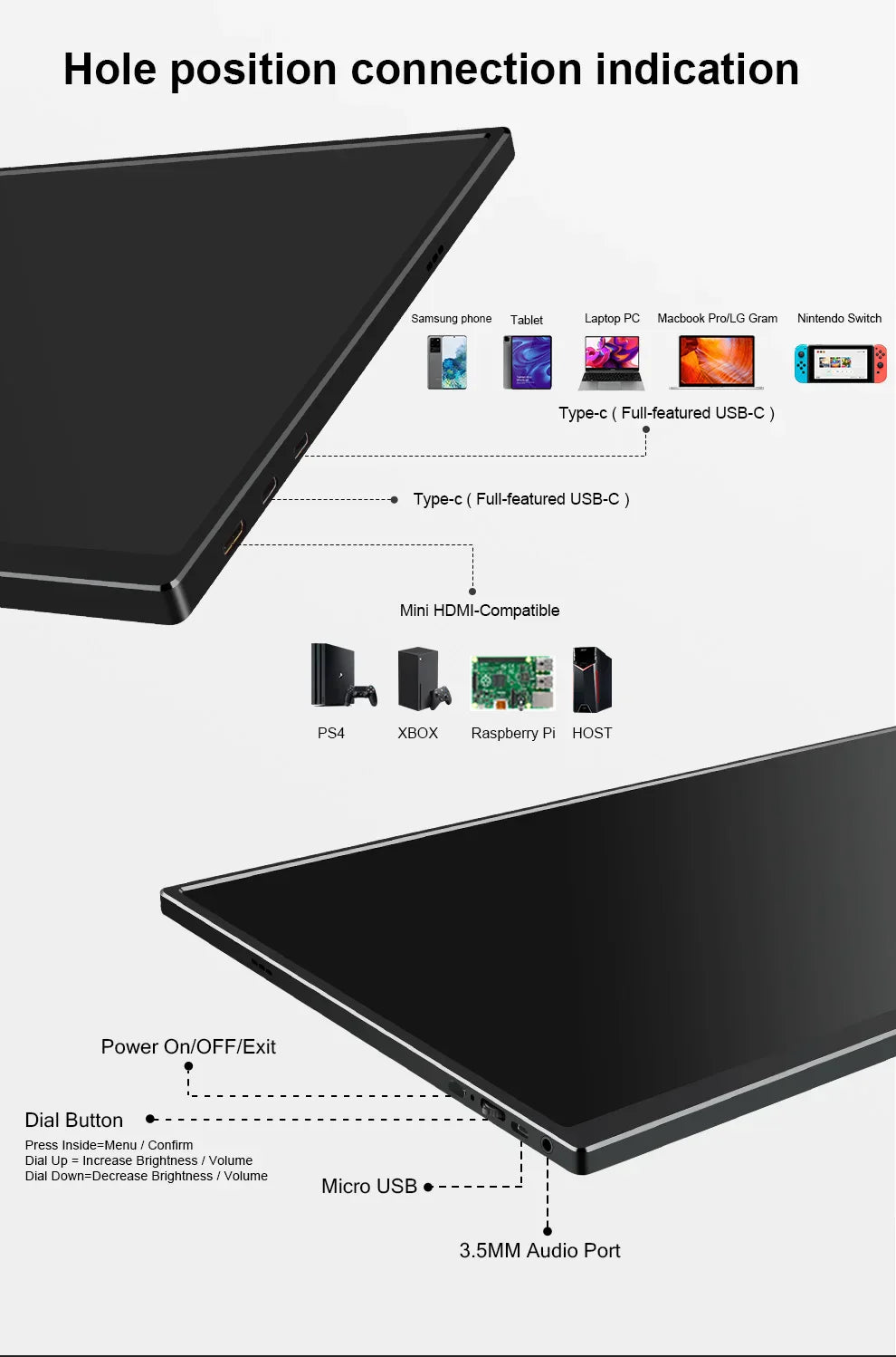 Extern bärbar enkel skärm till dator, spelkonsol, mobil eller laptop